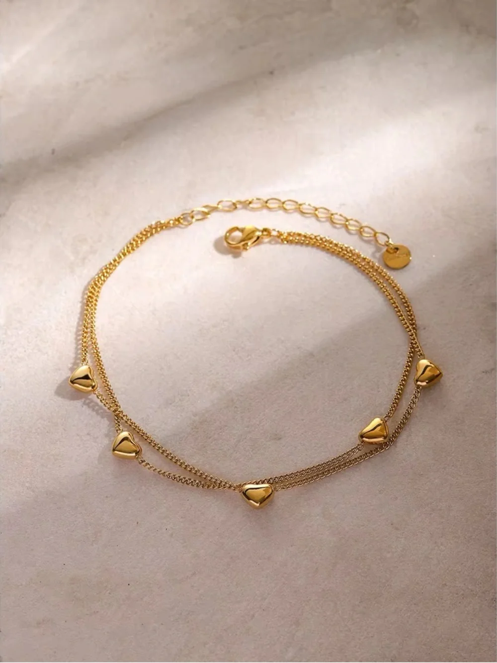 18K Gold Plated Double Layer Heart Charm Anklet - Picture 4 of 7
